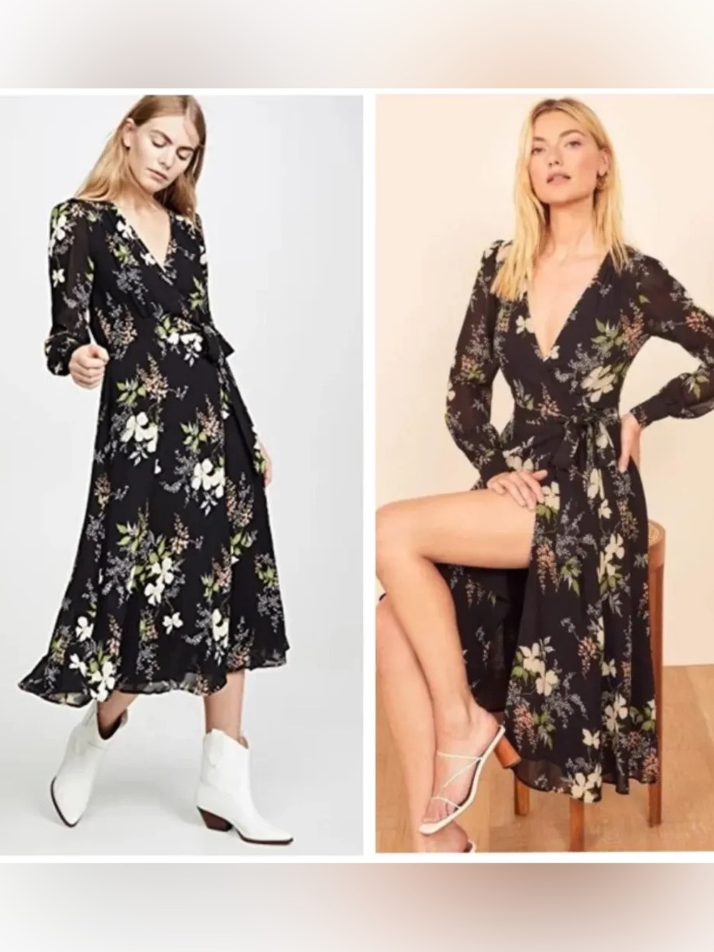 Reformation Susanna Wrap Midi Dress Size XS Black Floral Print Long Sleeve Boho